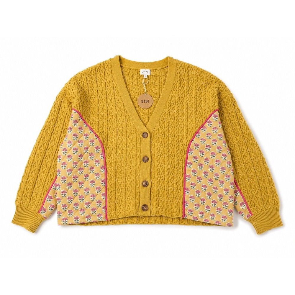 BIBI Cable Knit Floral Combo Cardigan Women's XL Yellow Mustard Quilted NWT - Picture 6 of 14